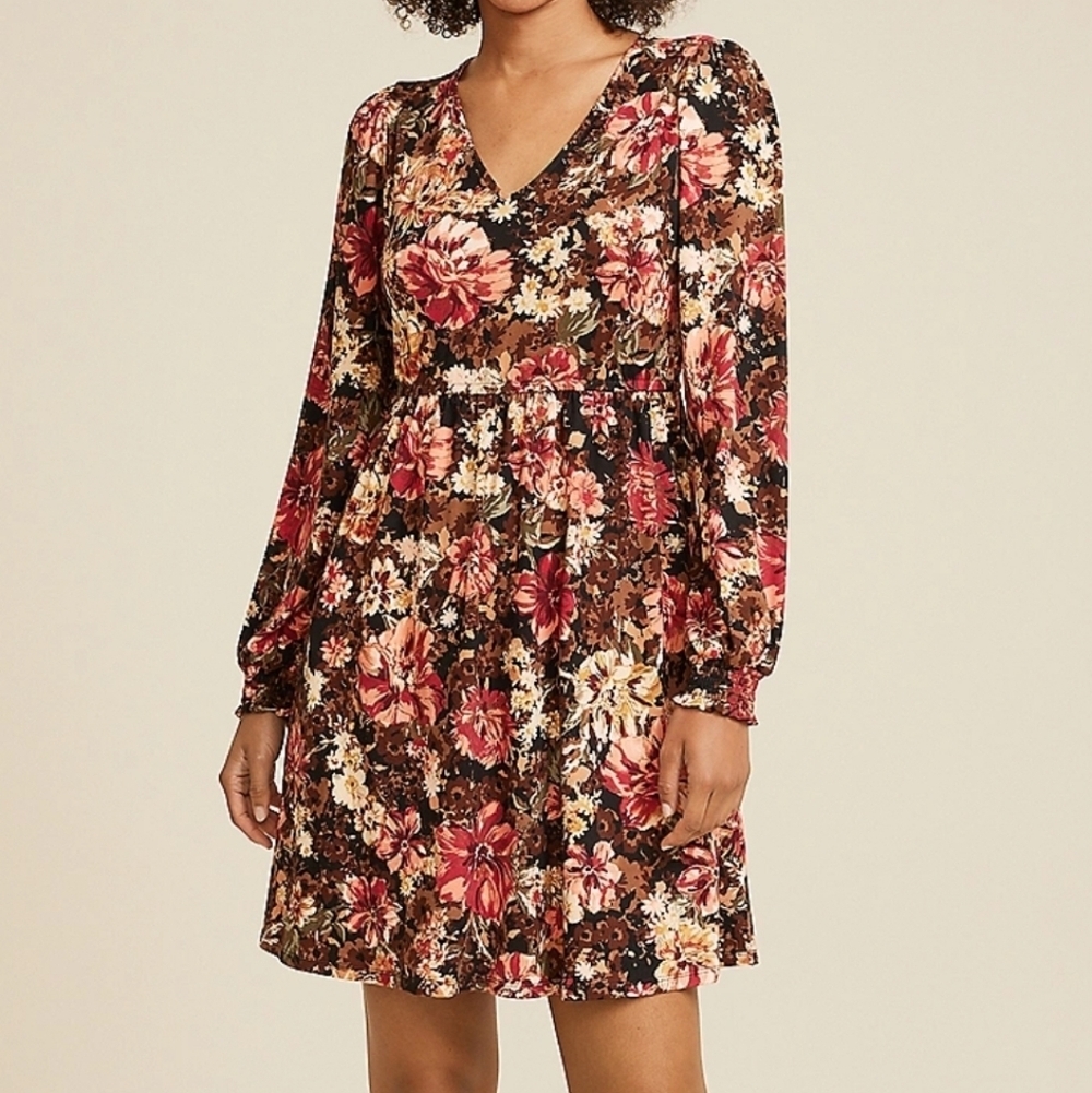 Maurices Women’s Floral Long Sleeve Mini Dress V-Neck Boho Fall Style Size XXL